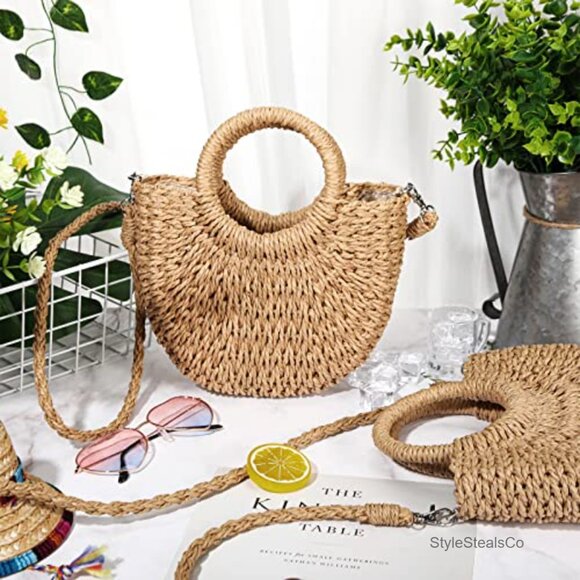 Mini Rattan Straw Tote Bag with Removable Strap, Drawstring Closure - Picture 3 of 7